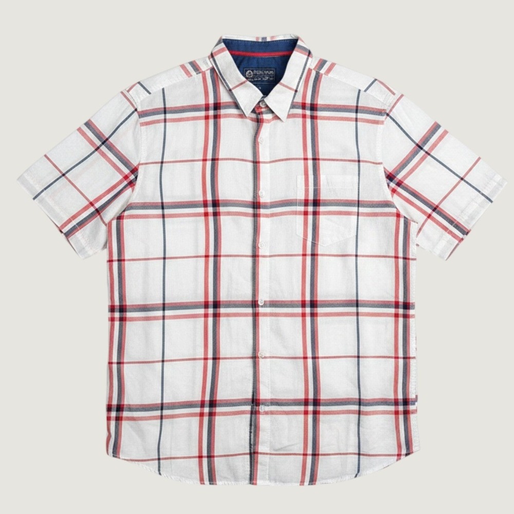 American Rag VTG Plaid Mens Large Red White Blue Short Sleeve Cotton Shirt